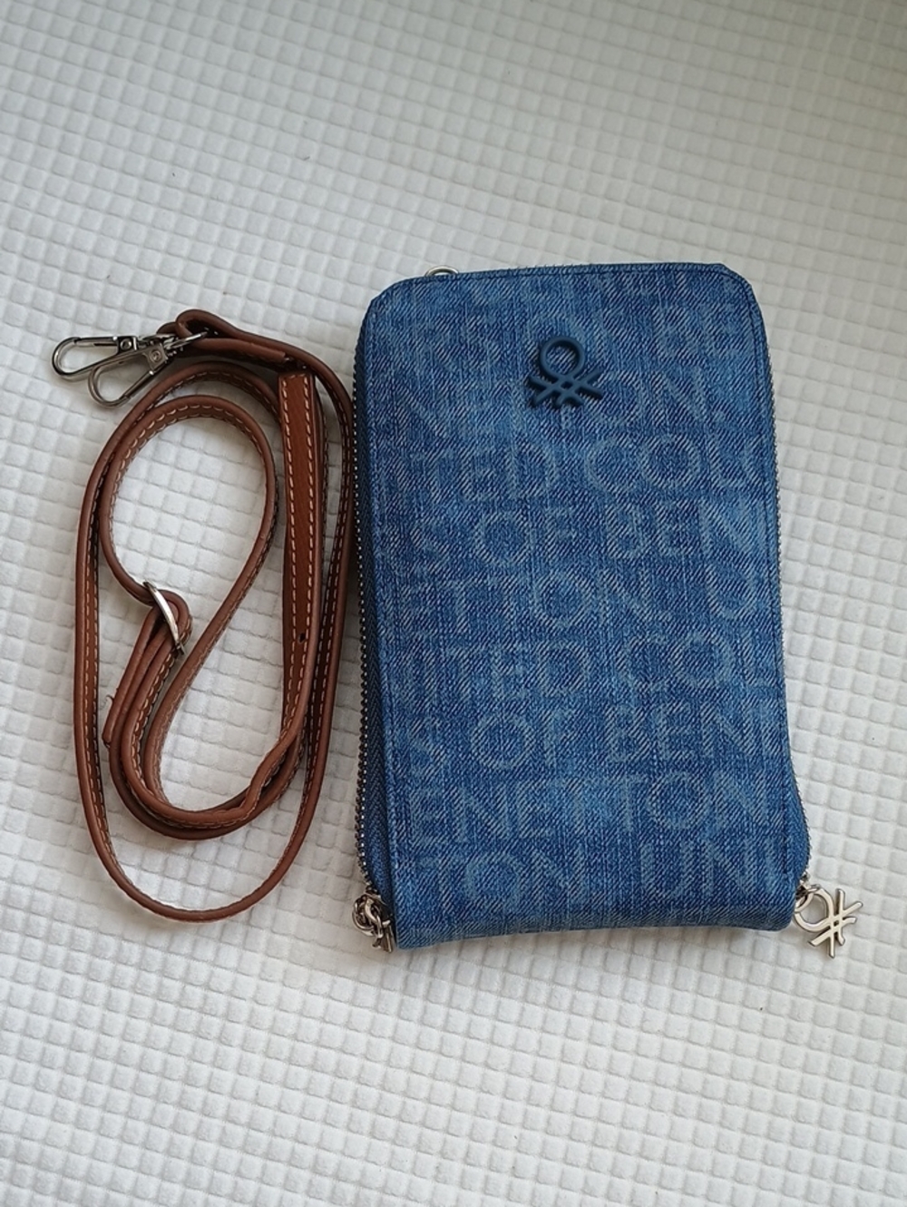 United Colors Of Benetton Blue Denim Crossbody Pouch with Brown Strap (Crossbody